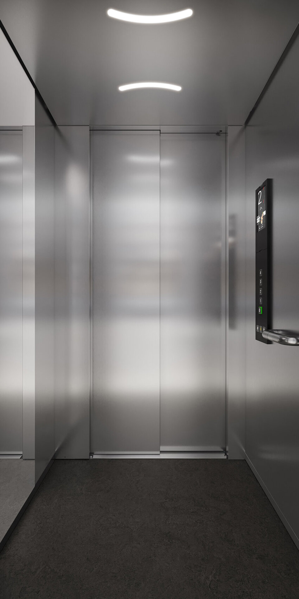 Ein modernes, minimalistisches Aufzugsinnere mit Metallwänden, einem dunklen Fußboden, Schalttafeln auf beiden Seiten, die die Etage 2 anzeigen, und einer hellen Deckenbeleuchtung.