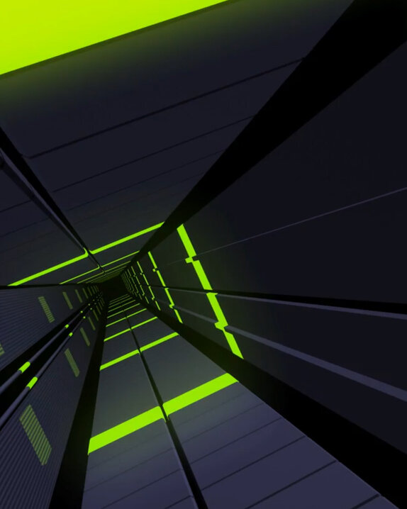 Abstrakter geometrischer Tunnel mit dunklen Wänden und leuchtenden neongrünen horizontalen Linien, die eine futuristische und dynamische Perspektive auf einen entfernten Fluchtpunkt schaffen.