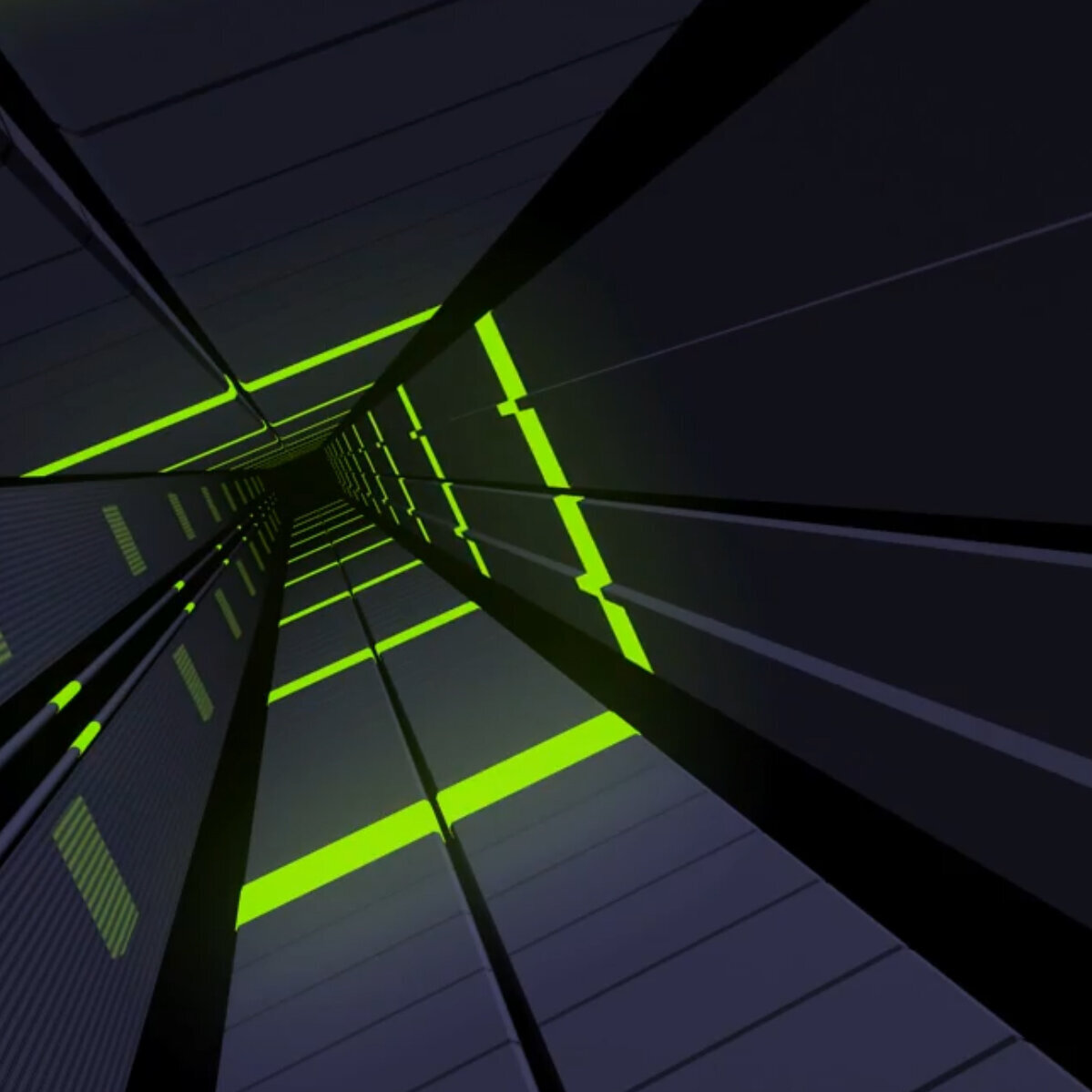 Abstrakter digitaler Tunnel mit dunklen Wänden und hellen neongrünen horizontalen Linien, die ein Gefühl von Tiefe und Perspektive vermitteln, als ob man durch einen futuristischen Korridor reist.