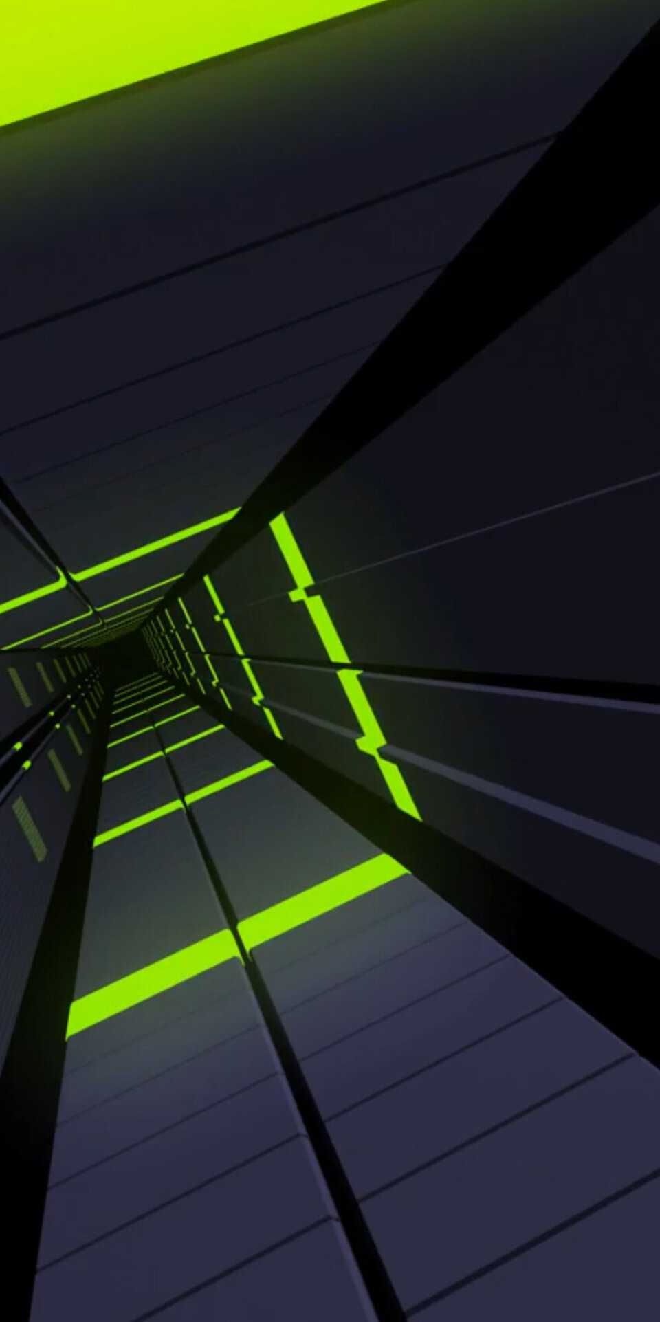 Abstrakter digitaler Tunnel mit dunklen Wänden und hellen neongrünen horizontalen Linien, die ein Gefühl von Tiefe und Perspektive vermitteln, als ob man durch einen futuristischen Korridor reist.
