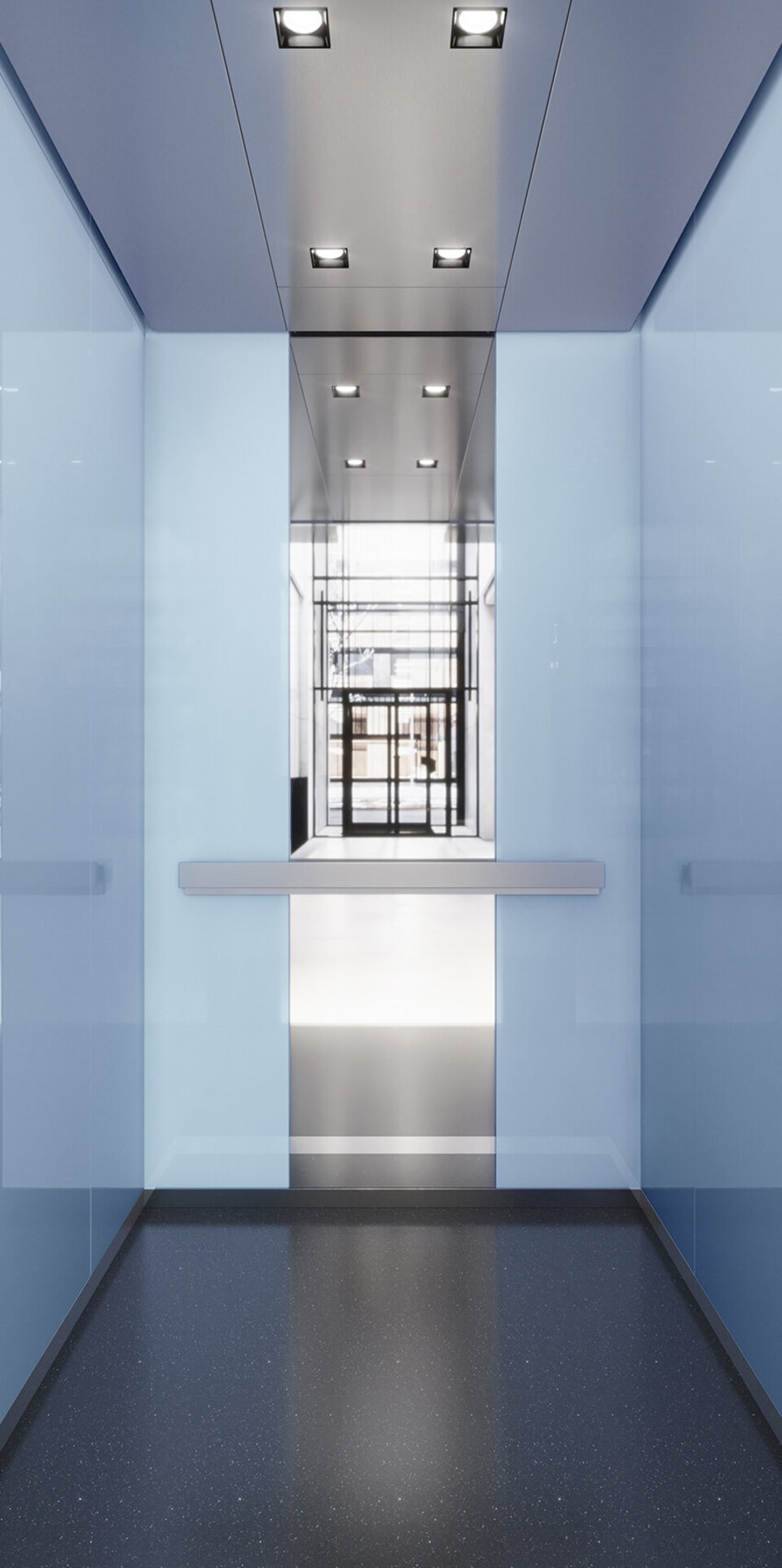 Modernes Aufzugsinterieur mit glänzenden hellblauen Wänden, schwarzem Boden und Deckenleuchten. Das Bedienfeld auf der rechten Seite zeigt die zweite Etage an, und auf der Rückseite befindet sich ein großes Fenster mit Blick auf einen hellen Korridor.