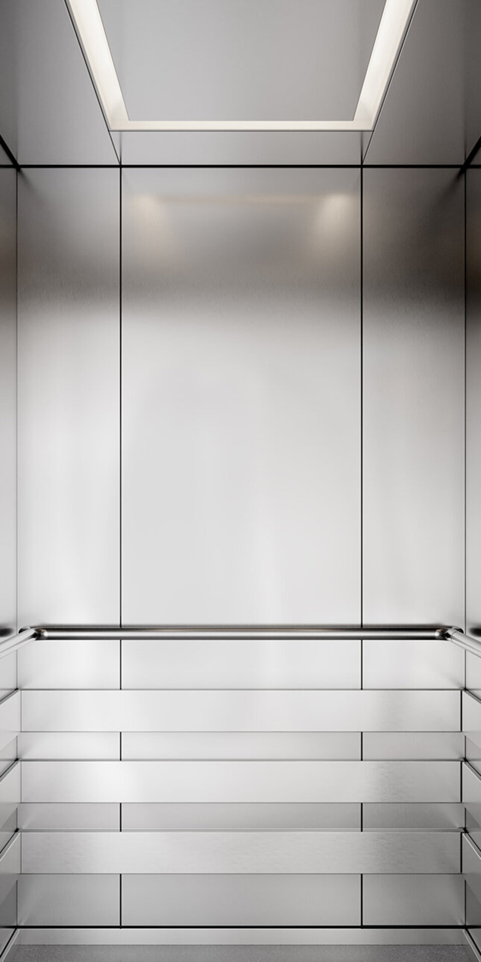 Ein moderner, leerer Aufzug mit Metallwänden, Handläufen an drei Seiten, einer Schalttafel mit Tasten und einer Digitalanzeige mit der Nummer 2 in Rot. An der Decke ist eine rechteckige Leuchte angebracht.