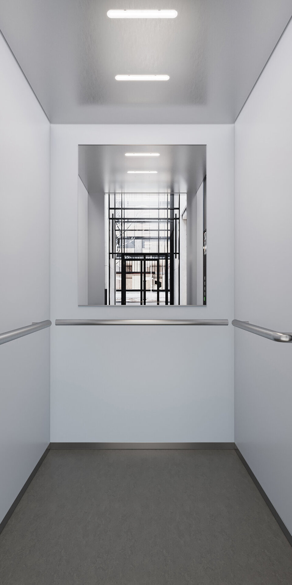Modernes Aufzugsinnere mit weißen Wänden, grauem Fußboden, Handläufen auf beiden Seiten und einem Bedienfeld auf der rechten Seite. An der Rückseite der Kabineninnenwand befindet sich ein halbhoher Spiegel.